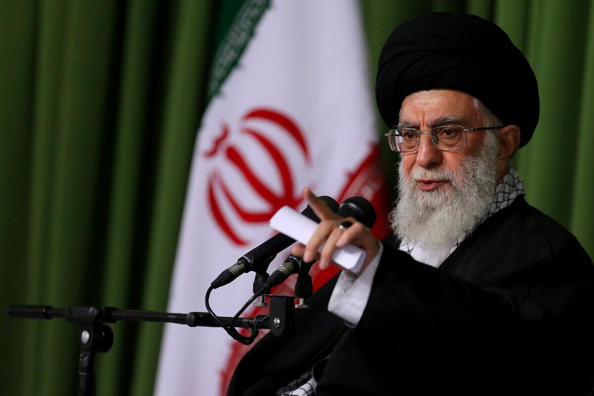 Iran's supreme leader, Ayatollah Ali Khamenei, speaks during a ceremony in Tehran.