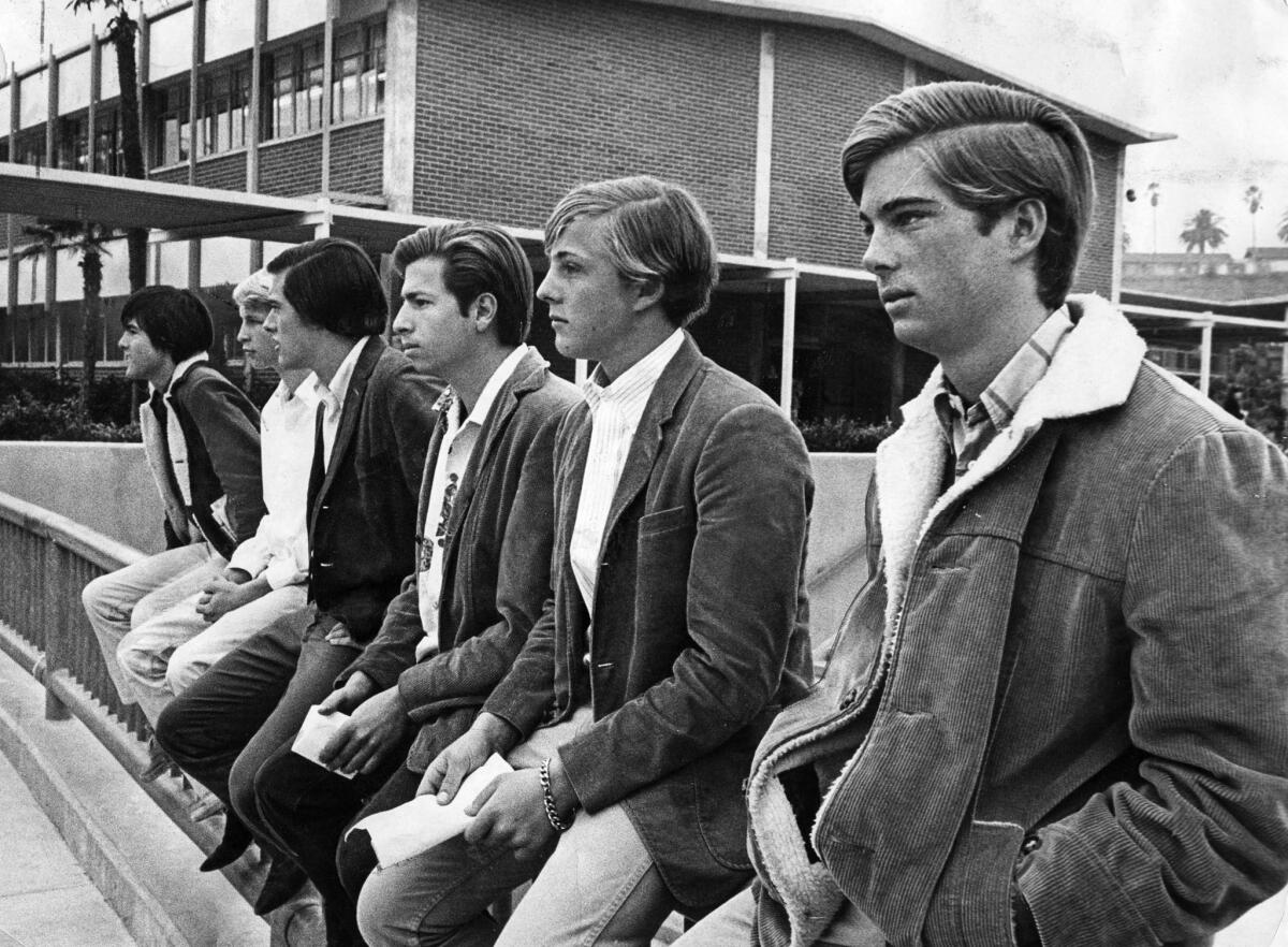 March 8, 1966: Six Palisades High School students who say they were suspended from classes because of their long hair. From left: Cam Watson, Frank Hardman, Pete McCharles, Gus Kahn, Richard Longaker and Dana Havden.