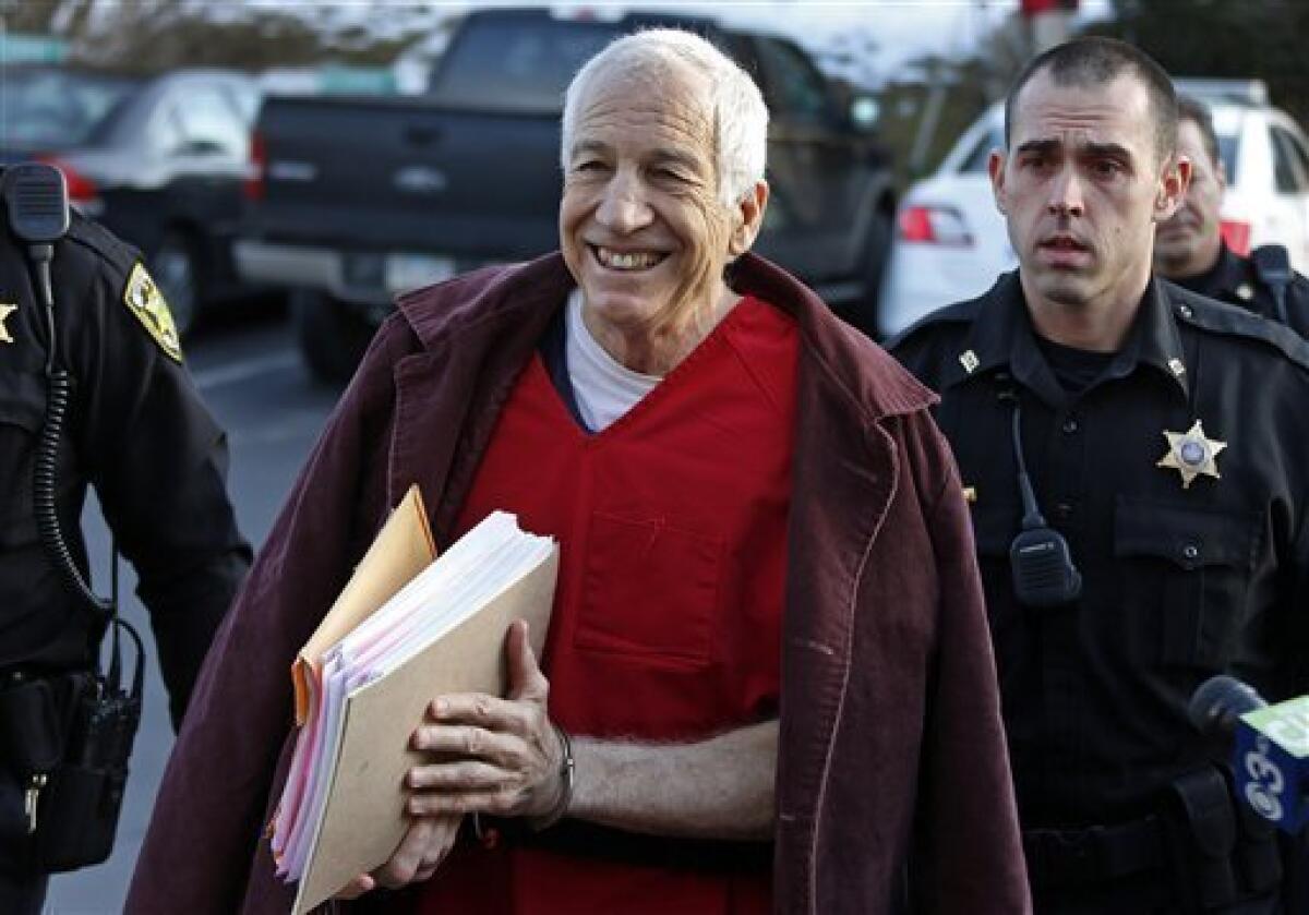 Former Penn State University assistant football coach Jerry Sandusky arrives at Centre County Courthouse in Bellefonte, Pa. His lawyers are seeking a new trial.