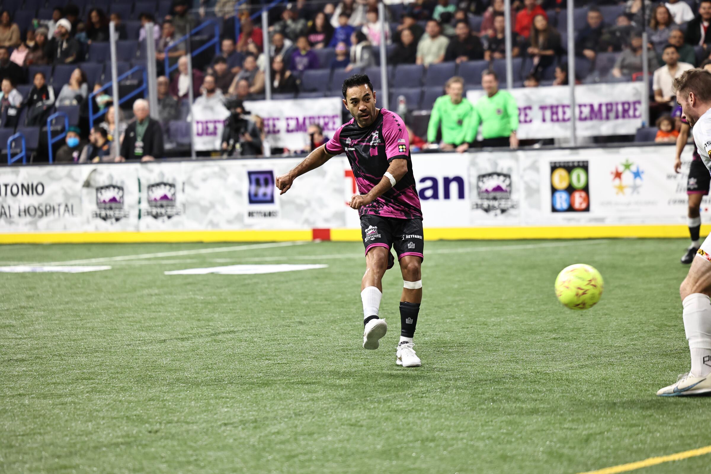 Empire Strykers midfielder Marco Fabian takes a shot during a match against the Baltimore Blast last month.