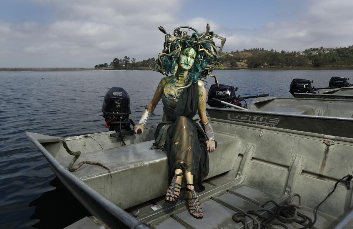 Sheila Noseworthy dressed as Medusa at Lake Miramar. 