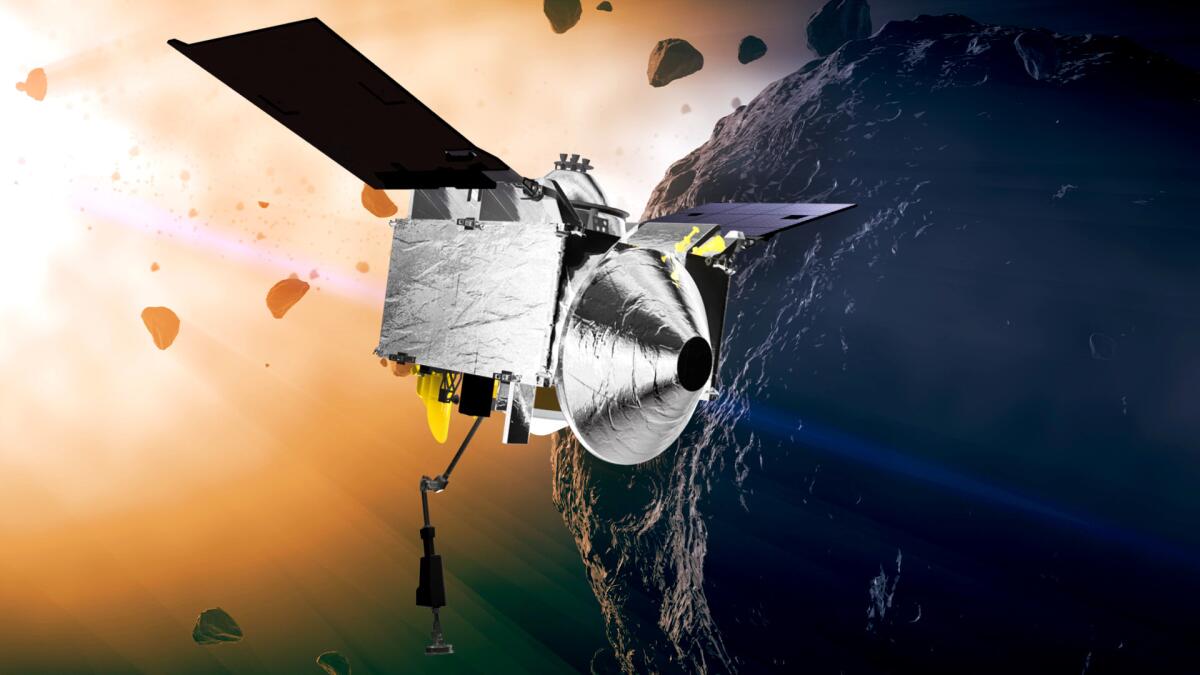 An illustration of OSIRIS-REx spacecraft at the asteroid Bennu. 