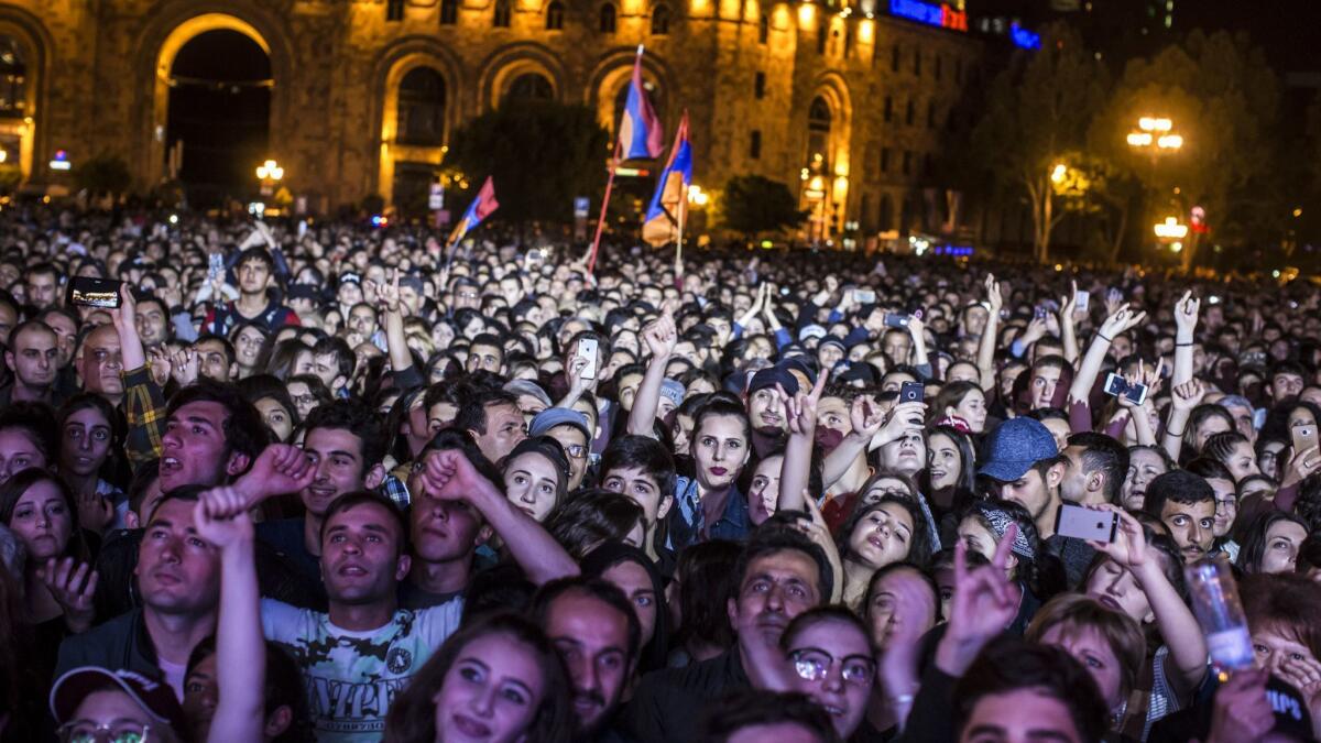People gather in the Armenian capital's Republic Square to hear protest leader Nikol Pashinian.