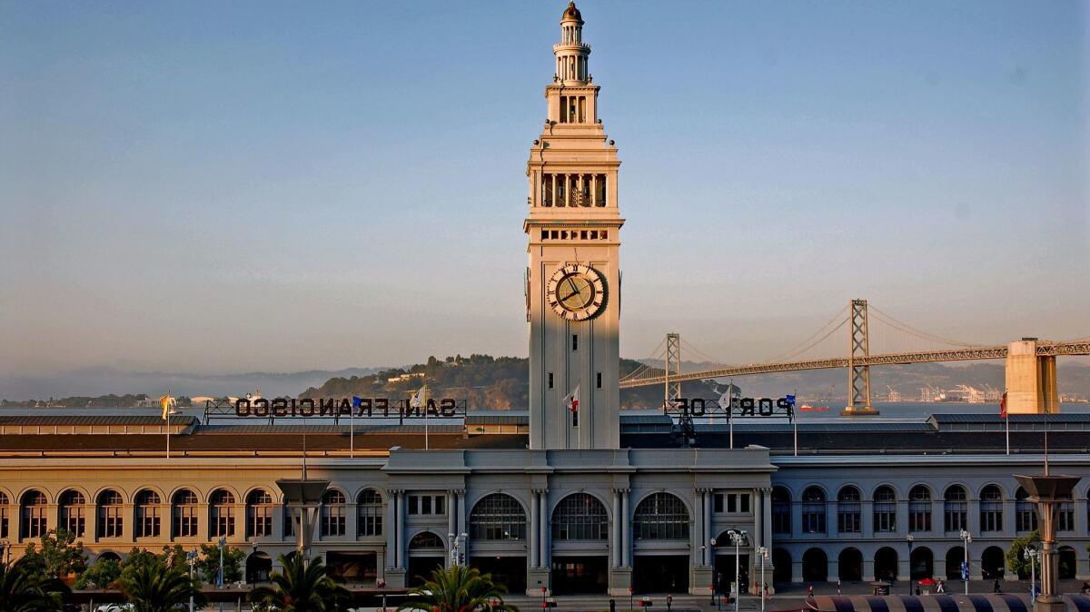 San Francisco's clock tower at the Ferry Building, which sits along the Embarcadero at the foot of Market Street.