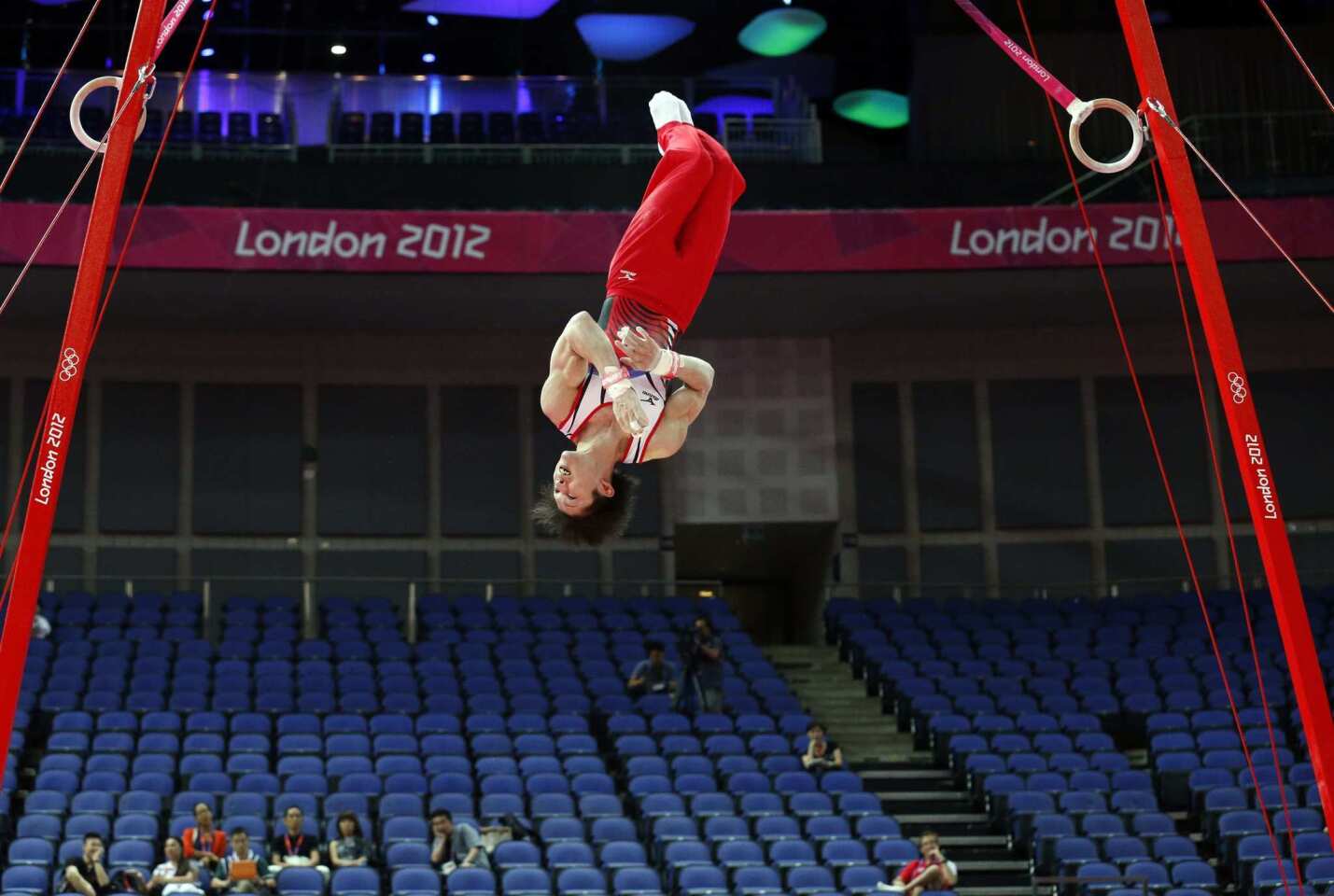 Japanese gymnastics world champion Kohei Uchimura takes part in a training session two days before the start of the London 2012 Olympic Games.