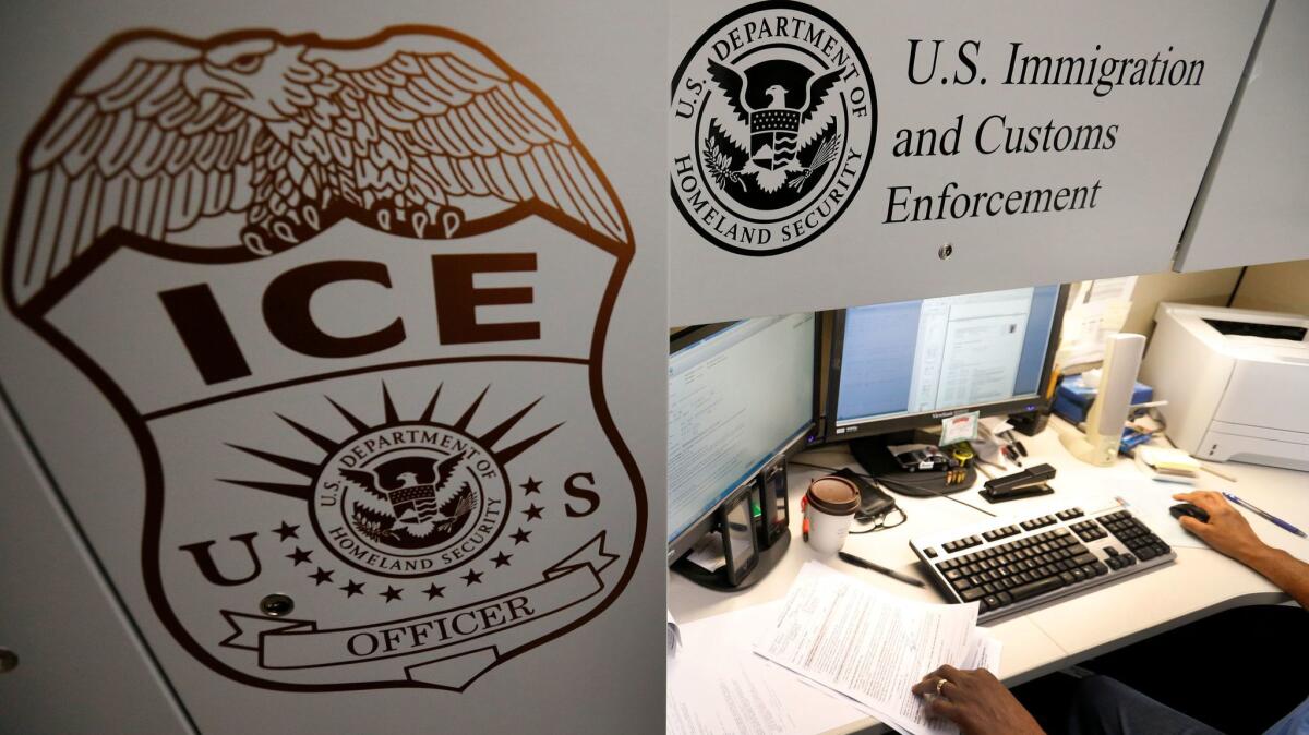 An unidentified Immigration and Customs Enforcement deportation officer reviews forms.