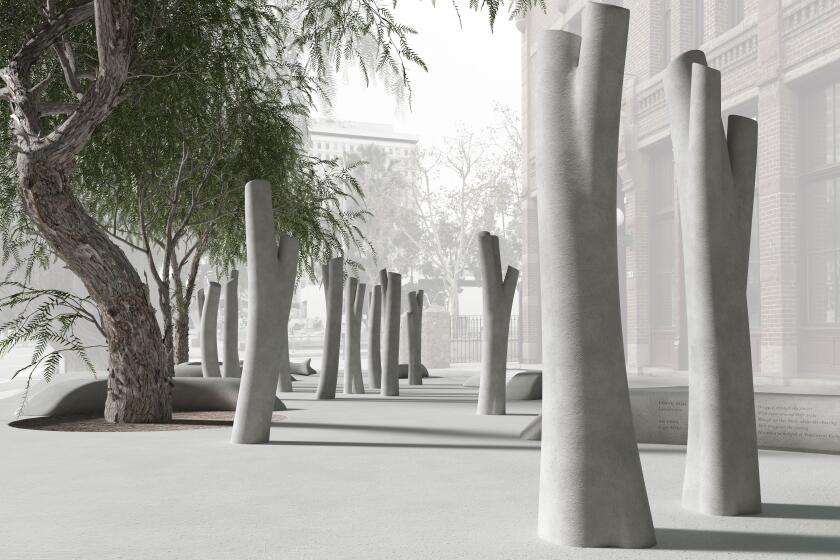 An architectural rendering shows ghostly trees cast out of concrete amid real ones on a city street.