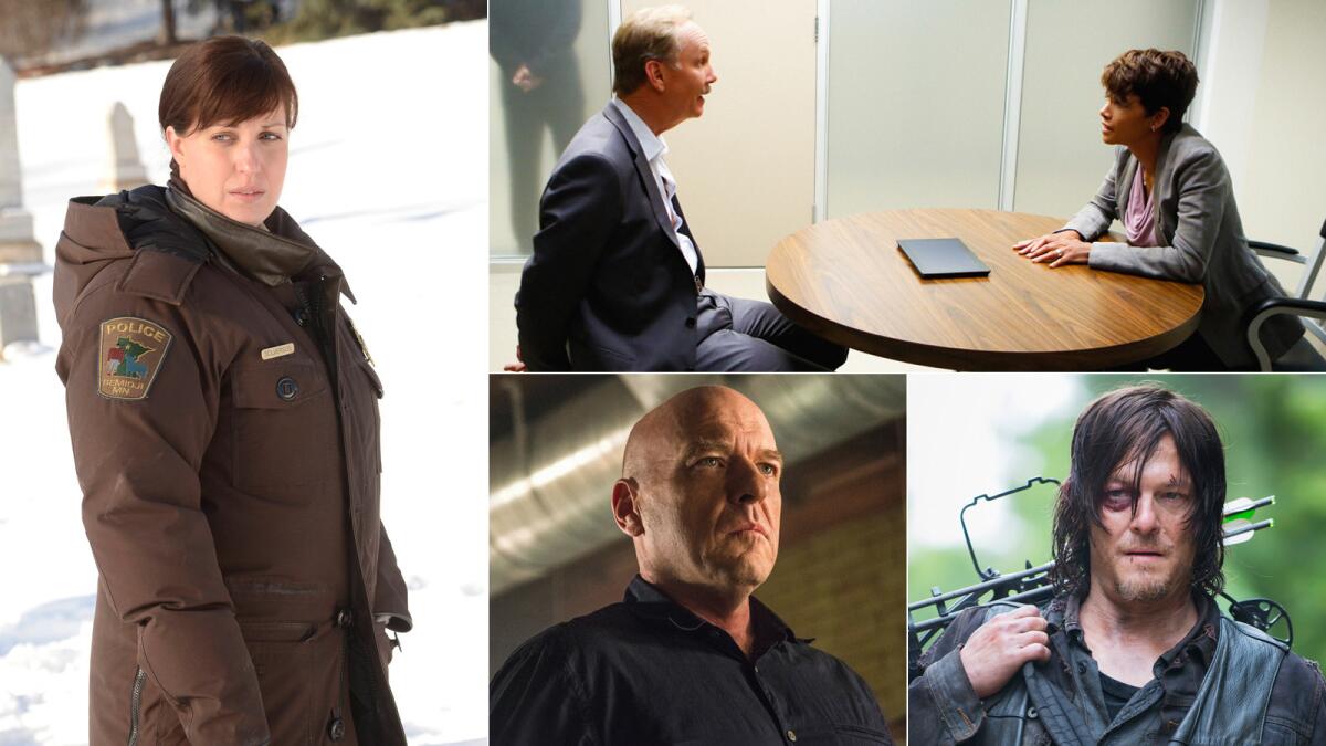 Allison Tolman on "Fargo," left, Michael O'Neill and Halle Berry on "Extant," Norman Reedus on "The Walking Dead" and Dean Norris in "Under the Dome."