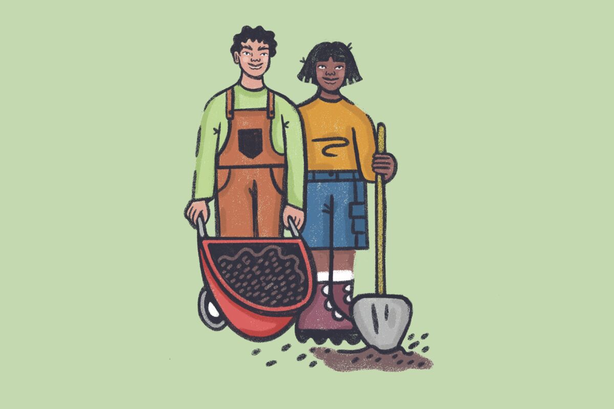 Illustration of two people, one with a wheelbarrow of compost, the other holding a shovel.