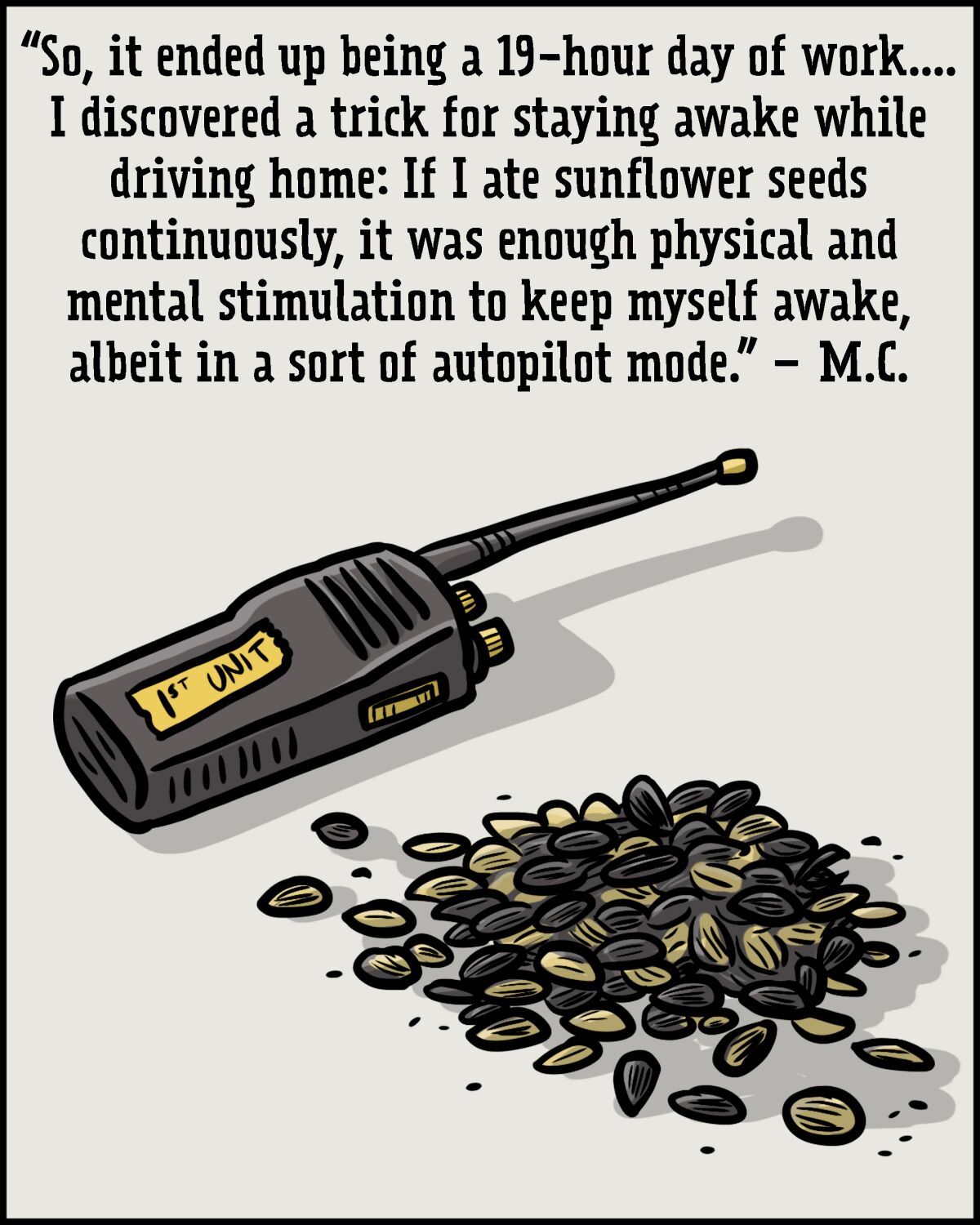 An illustration of a walkie-talkie that says "1st Unit" on it; a pile of sunflower seeds is nearby. 