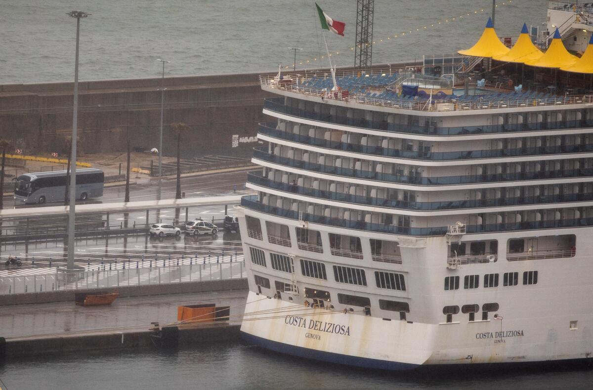 The Costa Deliziosa cruise ship docked at the port of Barcelona, Spain, on Monday, its first port-of-call in 35 days.