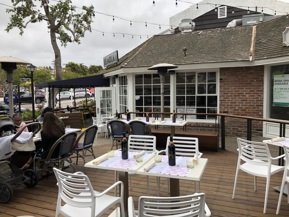 This is one of two outdoor patios at Semola on Fay Avenue in La Jolla.