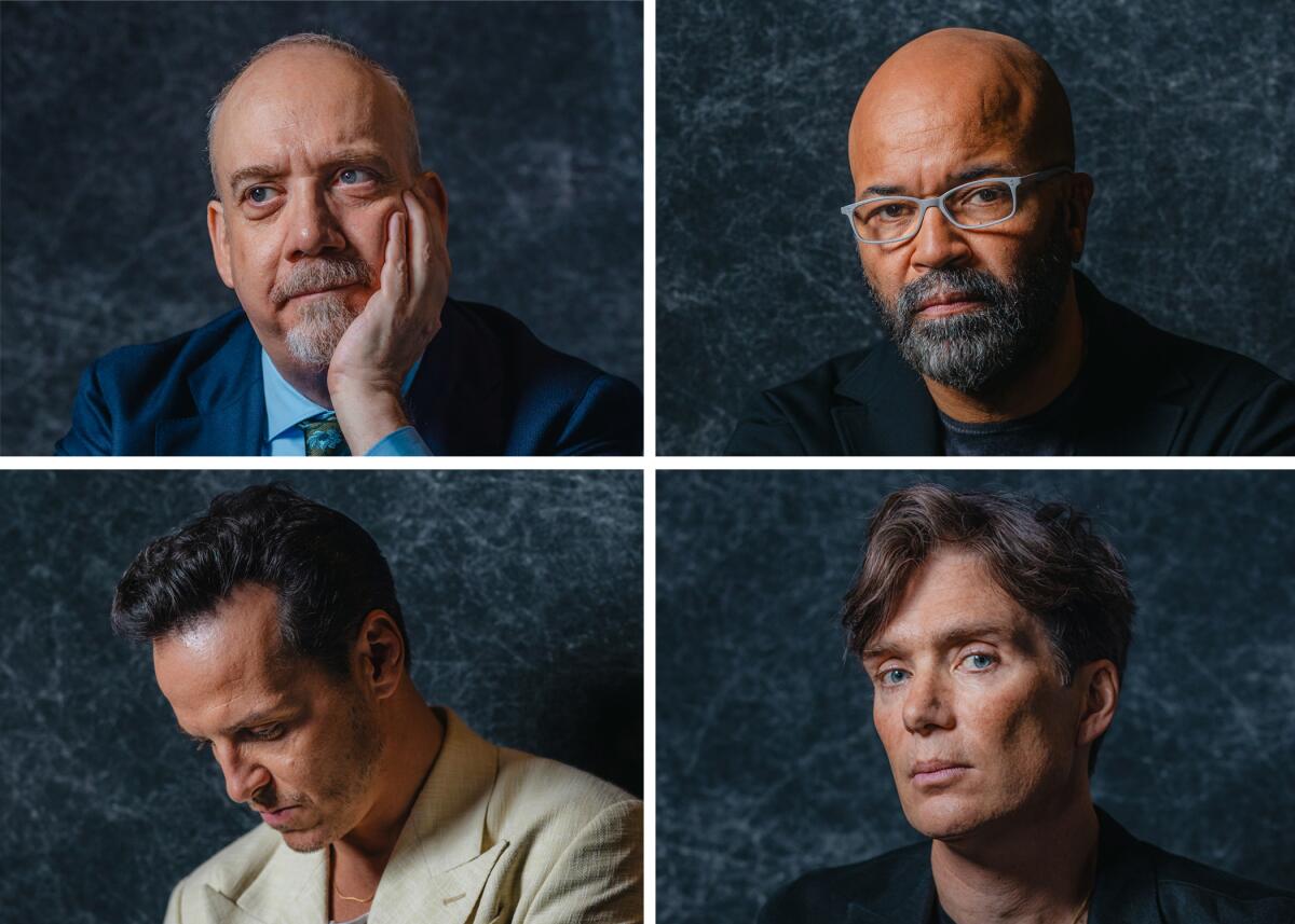 Four of the top contenders for the 2024 lead-actor Oscar, photographed moodily against a dark-blue, marbled backdrop.