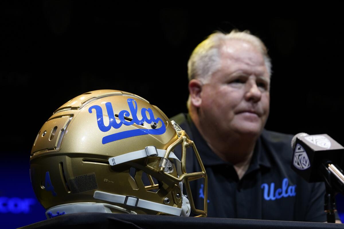 UCLA coach Chip Kelly speaks during Pac-12 conference media day in July.