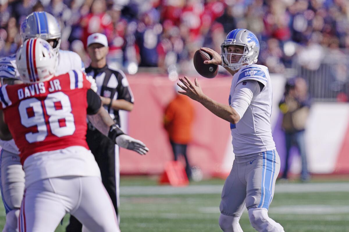 Detroit Lions quarterback Jared Goff passes against the New England Patriots.