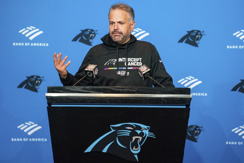 Carolina Panthers head coach Matt Rhule speaks during a news conference after their loss against the San Francisco 49ers