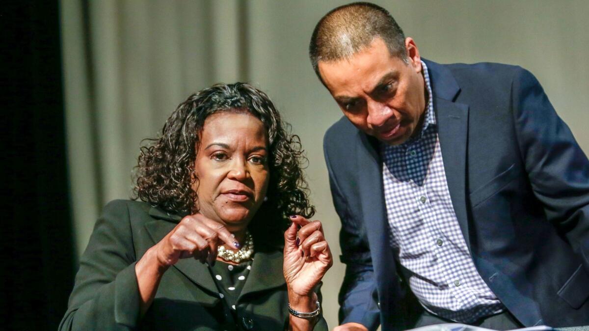 The status of schools Supt. Michelle King, left, who is on medical leave, and board member Ref Rodriguez, who faces criminal charges, has created uncertainty and turmoil in the L.A. school system.