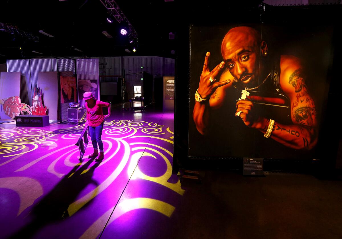 "The Art of Music Experience" display includes a Tupac Shakir painting.