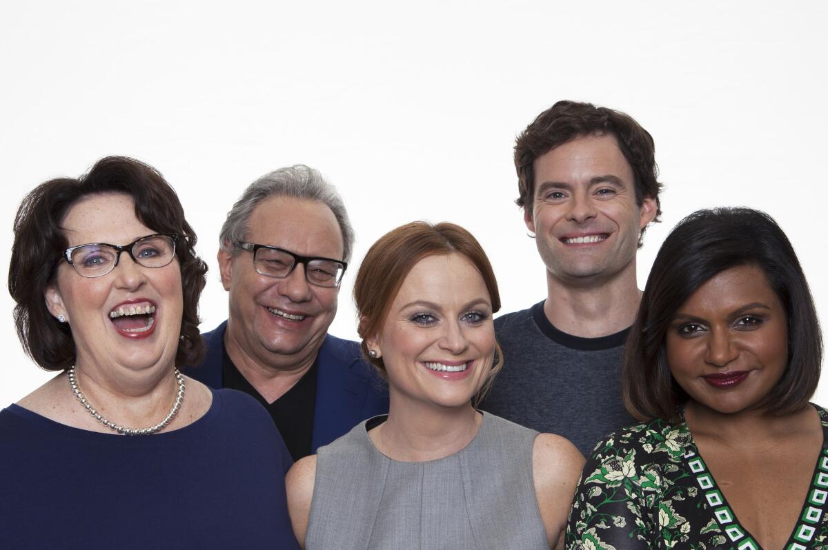 El elenco de voces de la versión en inglés de la película “Intensa-Mente” de Disney-Pixar, de izquierda a derecha, Phyllis Smith, Lewis Black, Amy Poehler, Bill Hader y Mindy Kaling.