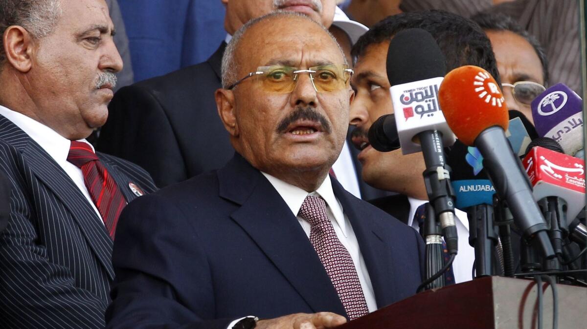 Yemen's ex-president, Ali Abdullah Saleh, speaks to supporters in Sana on Aug. 24.