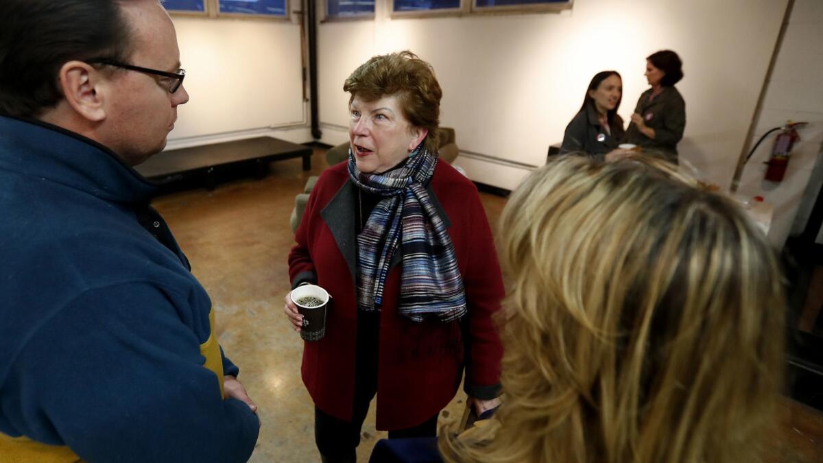 Gubernatorial candidate Delaine Eastin, center, meets with members of Democratic and progressive political groups at the Bell Arts Factory in Ventura on Mar. 14, 2018.