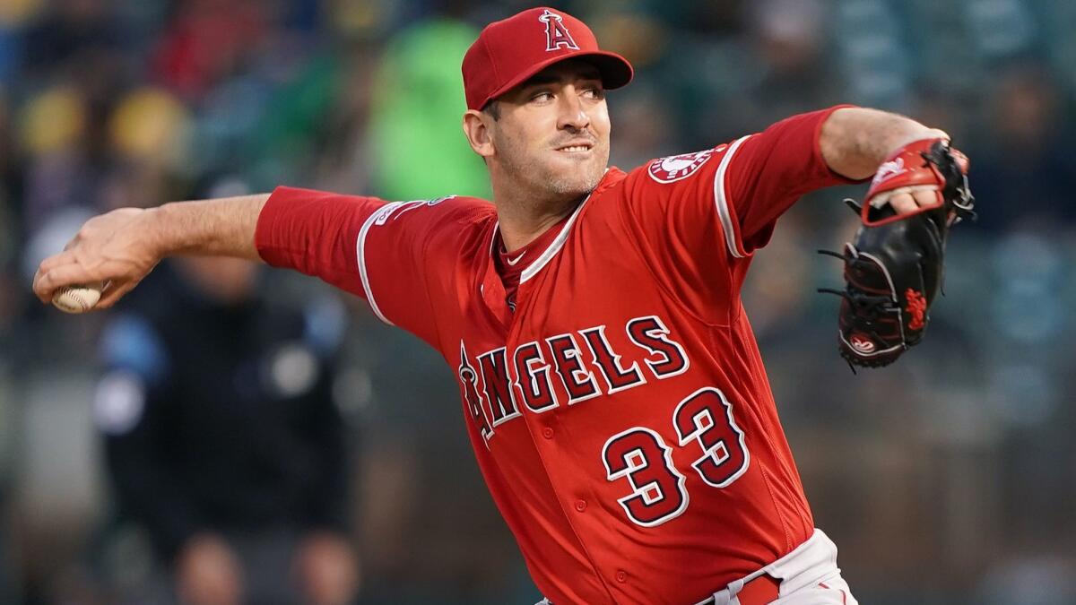 Angels pitcher Matt Harvey pitches against the Oakland Athletics in the bottom of the first inning on Friday in Oakland.