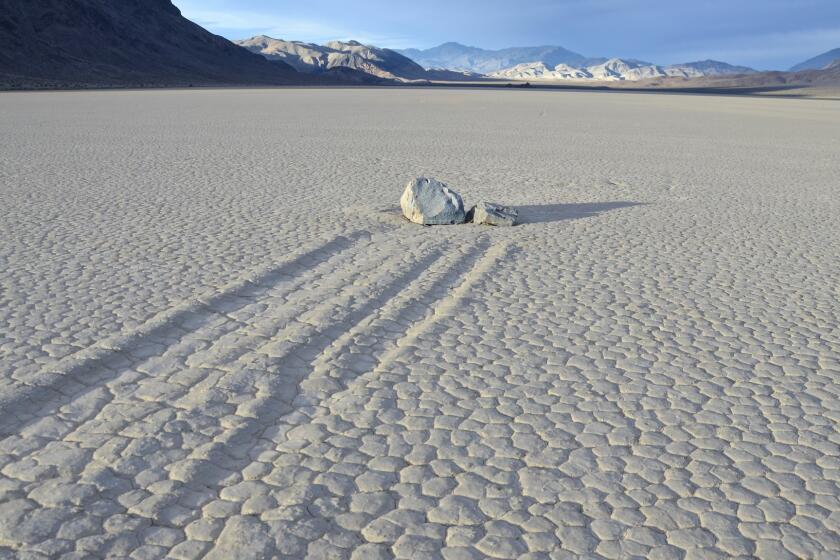 The Racetrack, in the outback of Death Valley, is where a unique combination of cold, wind and water causes some rocks to gradually slide across the usually dry old lake bed.