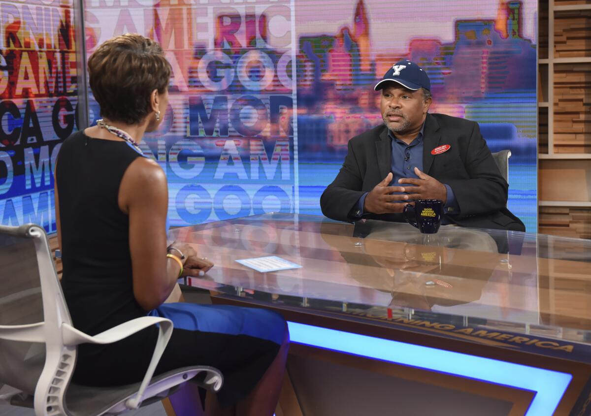 Geoffrey Owens, a regular on NBC's "The Cosby Show" and "Built to Last" who has appeared in several more recent TV shows and films, is interviewed Monday by "Good Morning America" host Robin Roberts after the online world discovered he works at Trader Joe's between parts.