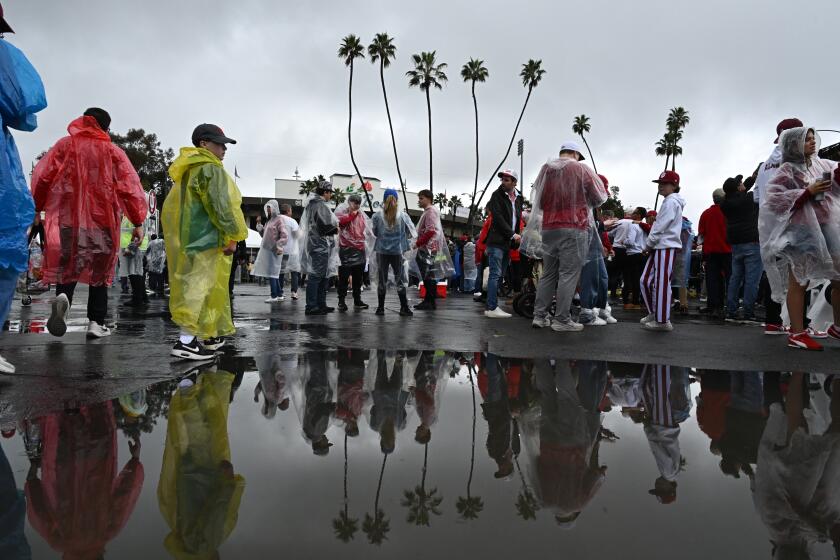 Aficionados reflejados en un charco después de que llovió durante el Desfile de las Rosas antes del juego de Alabama e Indiana el jueves primero de enero del 2026. (AP Foto/Kyusung Gong)