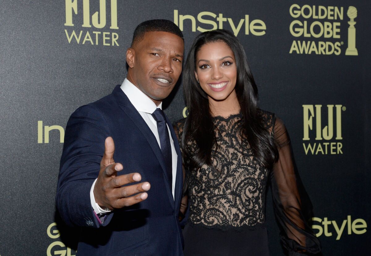 Actor Jamie Foxx and his daughter Corinne Foxx attend the Hollywood Foreign Press Assn. and InStyle Celebration of the 2016 Golden Globe Award Season at Ysabel in West Hollywood on Tuesday. Corinne Foxx has been named Miss Golden Globe 2016.