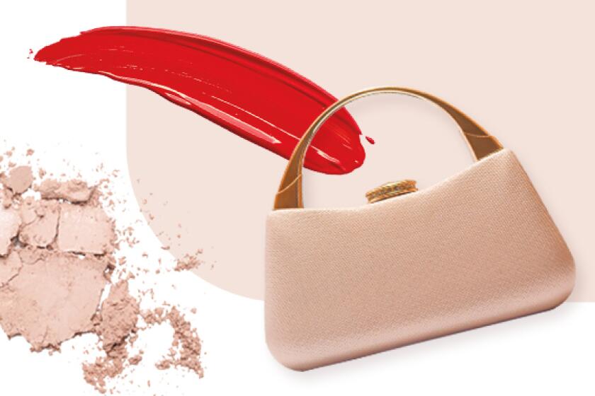 a composite image of lipstick, makeup and a purse