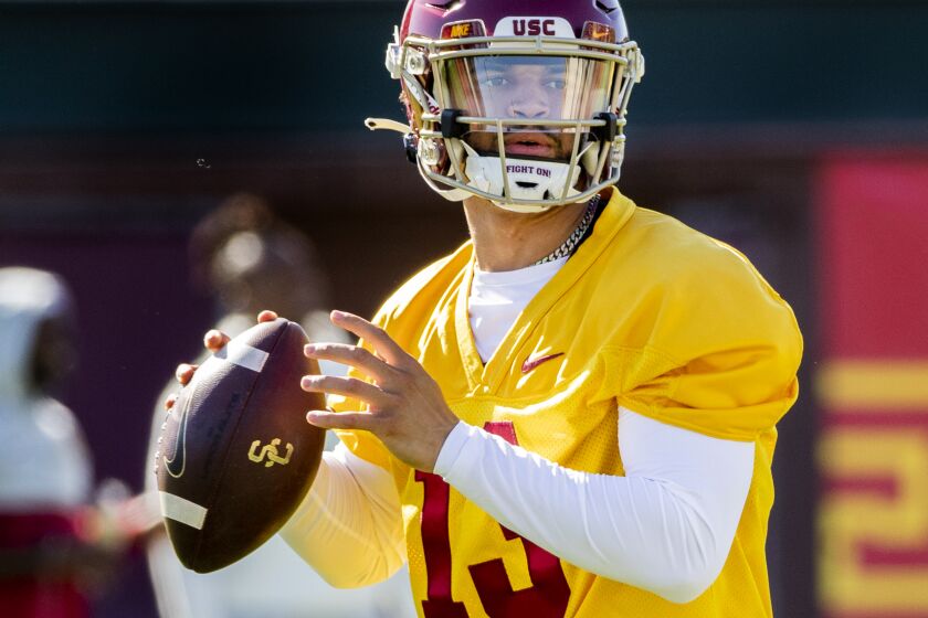 USC quarterback transfer Caleb Williams (13) makes a pass during spring practice