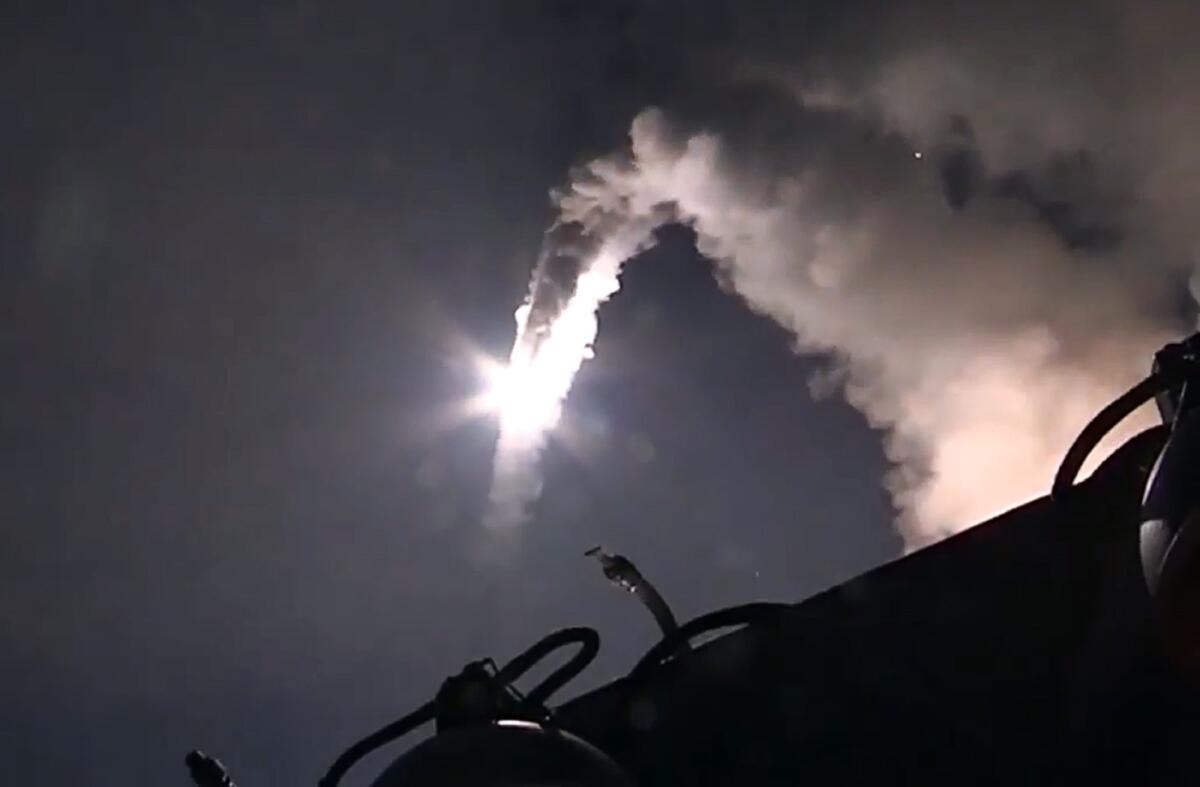 An image from the Russian Defense Ministry's official website reportedly shows a Russian warship launching a cruise missile Wednesday against Islamic State positions in Syria.