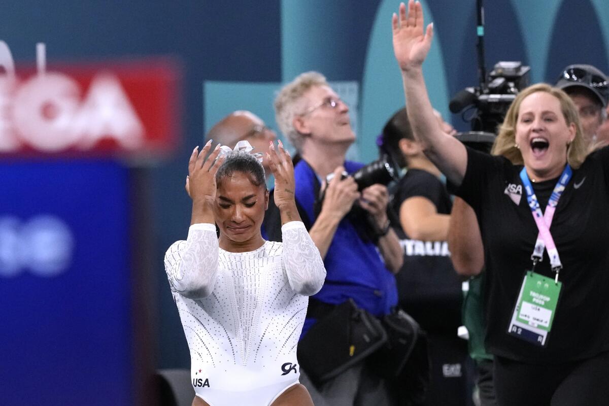 American Jordan Chiles bursts into tears after learning she won the bronze medal during the individual floor finals