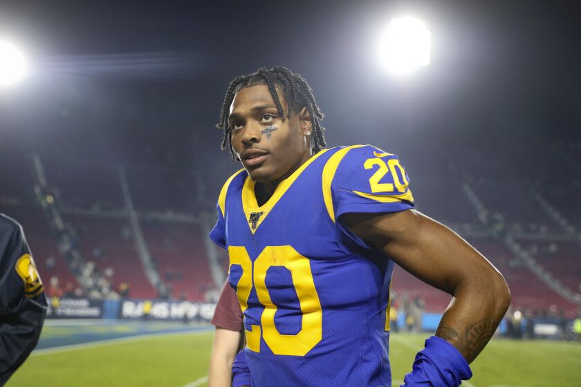 LOS ANGELES, CALIFORNIA - NOVEMBER 17: Cornerback Jalen Ramsey #20 of the Los Angeles Rams leaves the field after defeating the Chicago Bears at Los Angeles Memorial Coliseum on November 17, 2019 in Los Angeles, California. (Photo by Meg Oliphant/Getty Images)