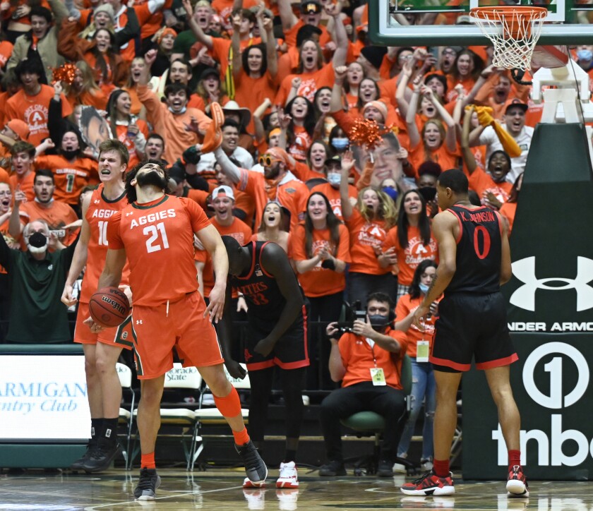 Colorado State guard David Roddy (21) celebrates after defeating the San Diego State