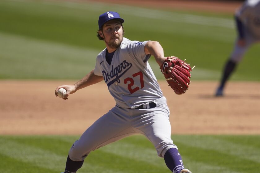 Los Angeles Dodgers pitcher Trevor Bauer against the Oakland Athletics during a baseball game in Oakland.