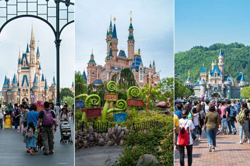 From left: Tokyo Disneyland, Shanghai Disneyland’s Enchanted Storybook Castle and Hong Kong Disneyland.