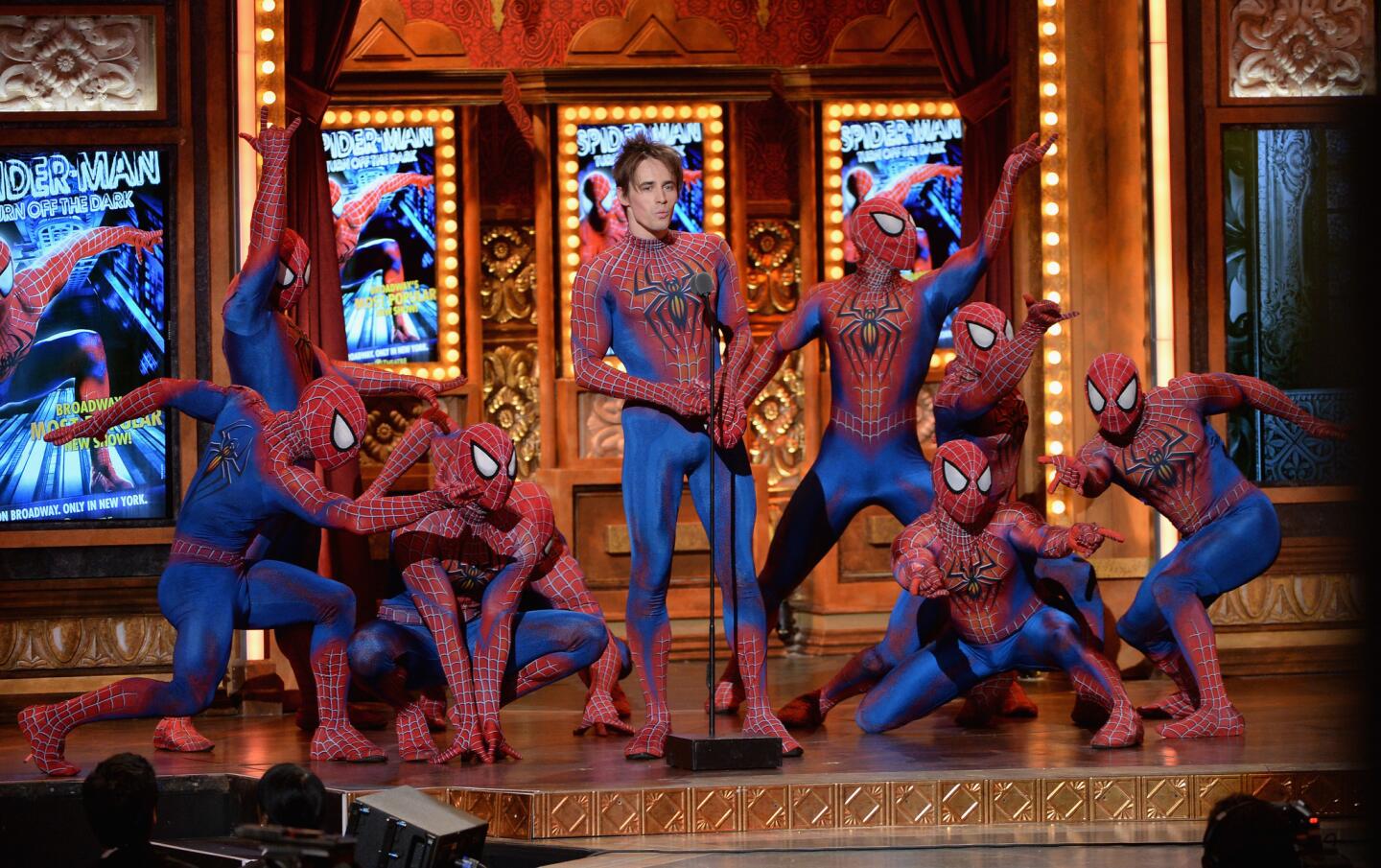Reeve Carney of "Spider-Man: Turn Off the Dark" and fellow web-slingers take a turn onstage.