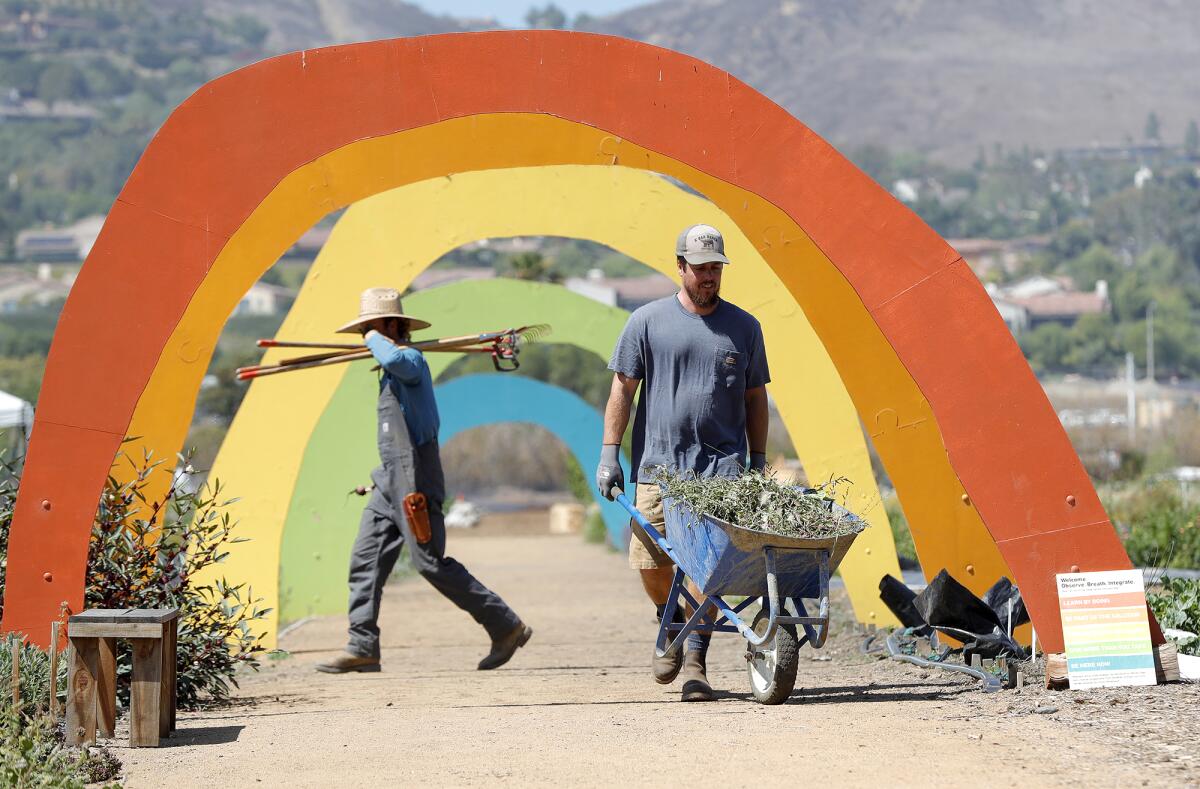 Two farmers clear brush near the rainbow tunnel at the Ecology Center Farm in San Juan Capistrano.