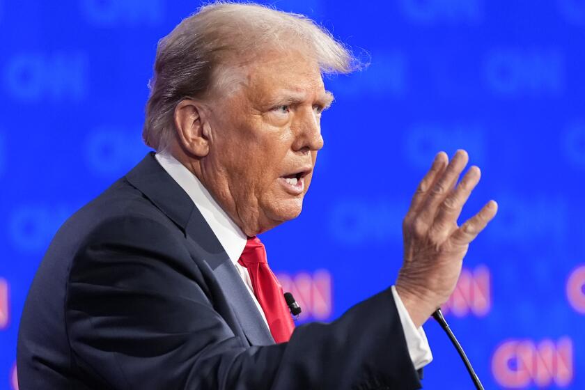 Republican presidential candidate former President Donald Trump speaks during a presidential debate with President Joe Biden, Thursday, June 27, 2024, in Atlanta. (AP Photo/Gerald Herbert)