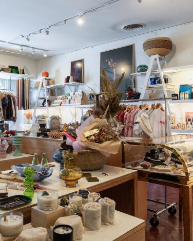 A mix of items on display inside Flowerboy Project in Venice.