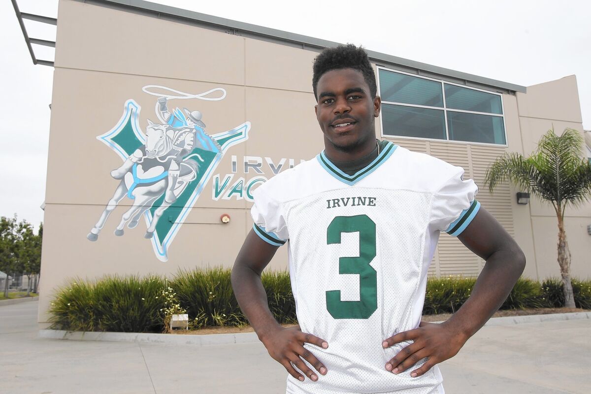 Irvine High School football player Curtis Jackson moved to Irvine with his mother when he was 11 from South Central LA. When his mother died of lupus, Curtis was about to move back to LA when the parents of a friend, Mikey Filia, became his guardians so he could stay in Irvine to pursue football and his education.