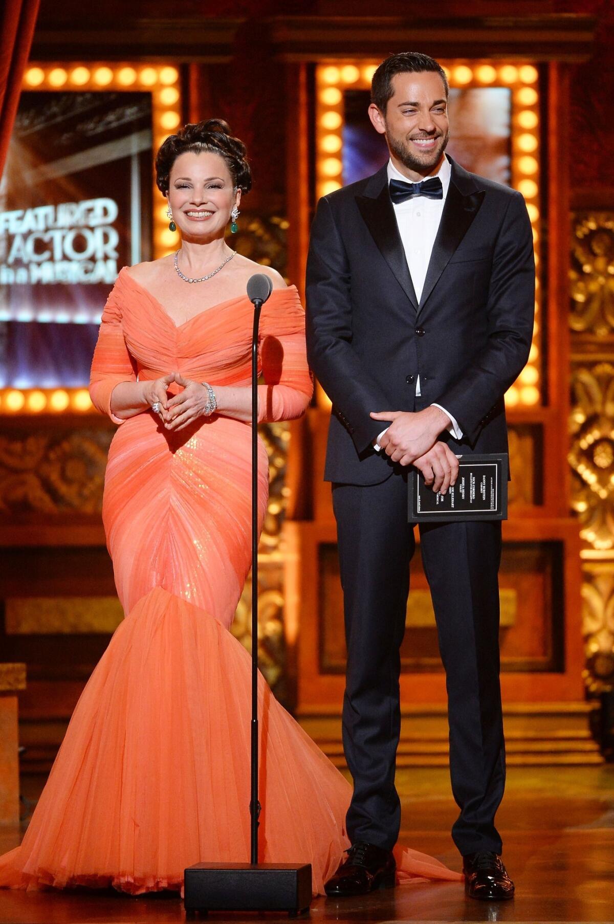 Fran Drescher and Zachary Levi onstage during the 2014 Tony Awards.