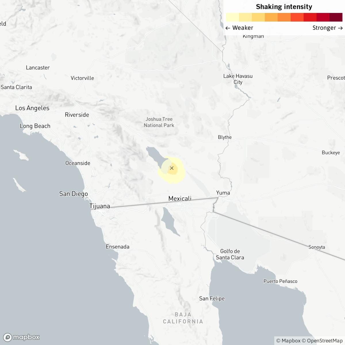 A shake map showing the earthquake reported Monday at 10:04 a.m. 12 miles from Brawley, Calif., according to USGS.