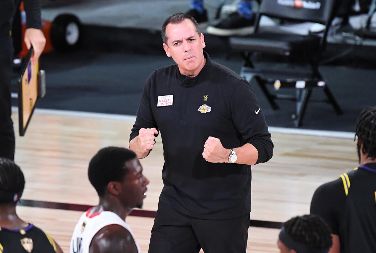 Lakers coach Frank Vogel extols his club during their Game 6 win.