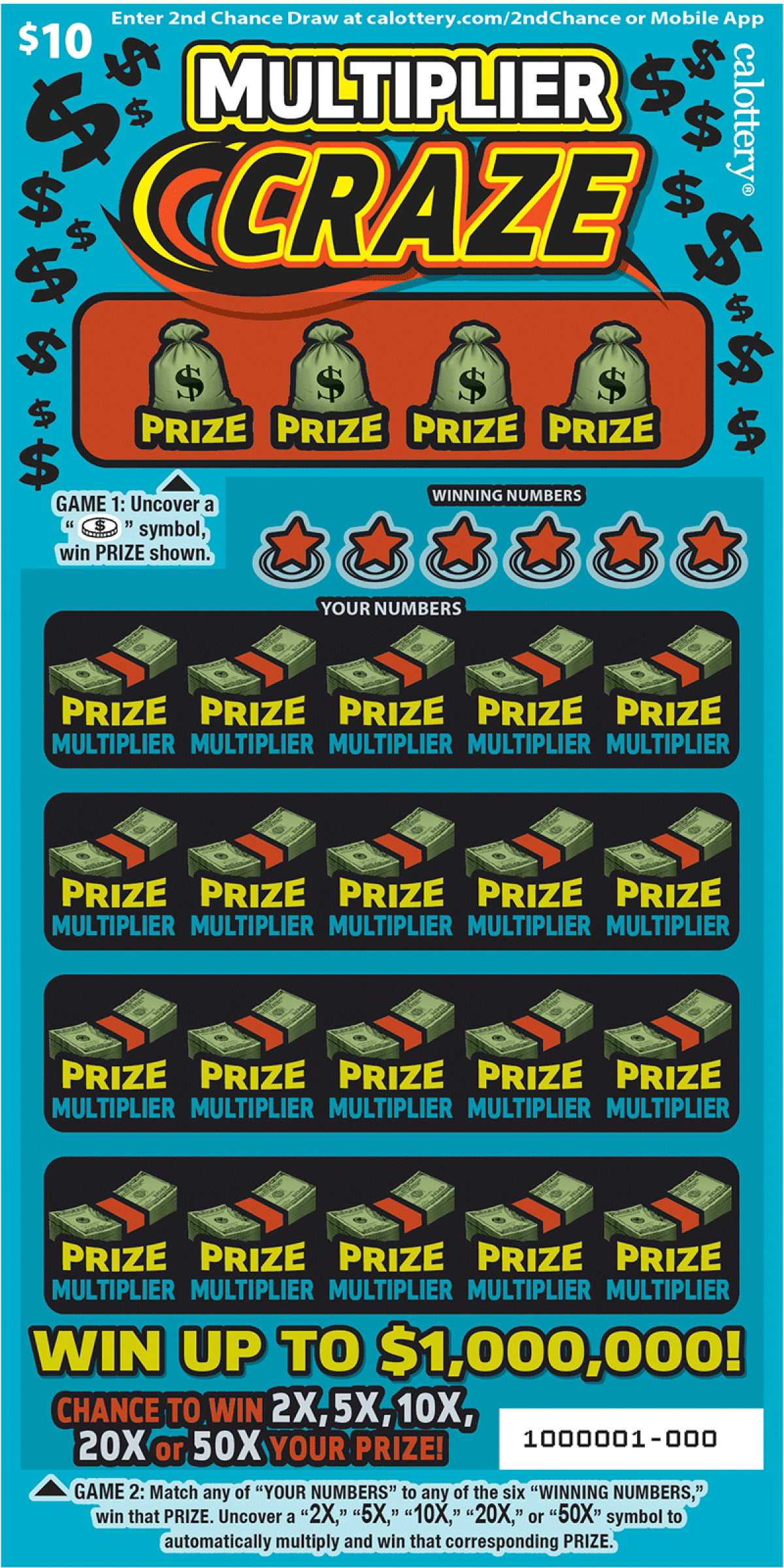 The Calfornia Lottery's Multiplier Craze scratch-off ticket offers up to a $1 million jackpot.