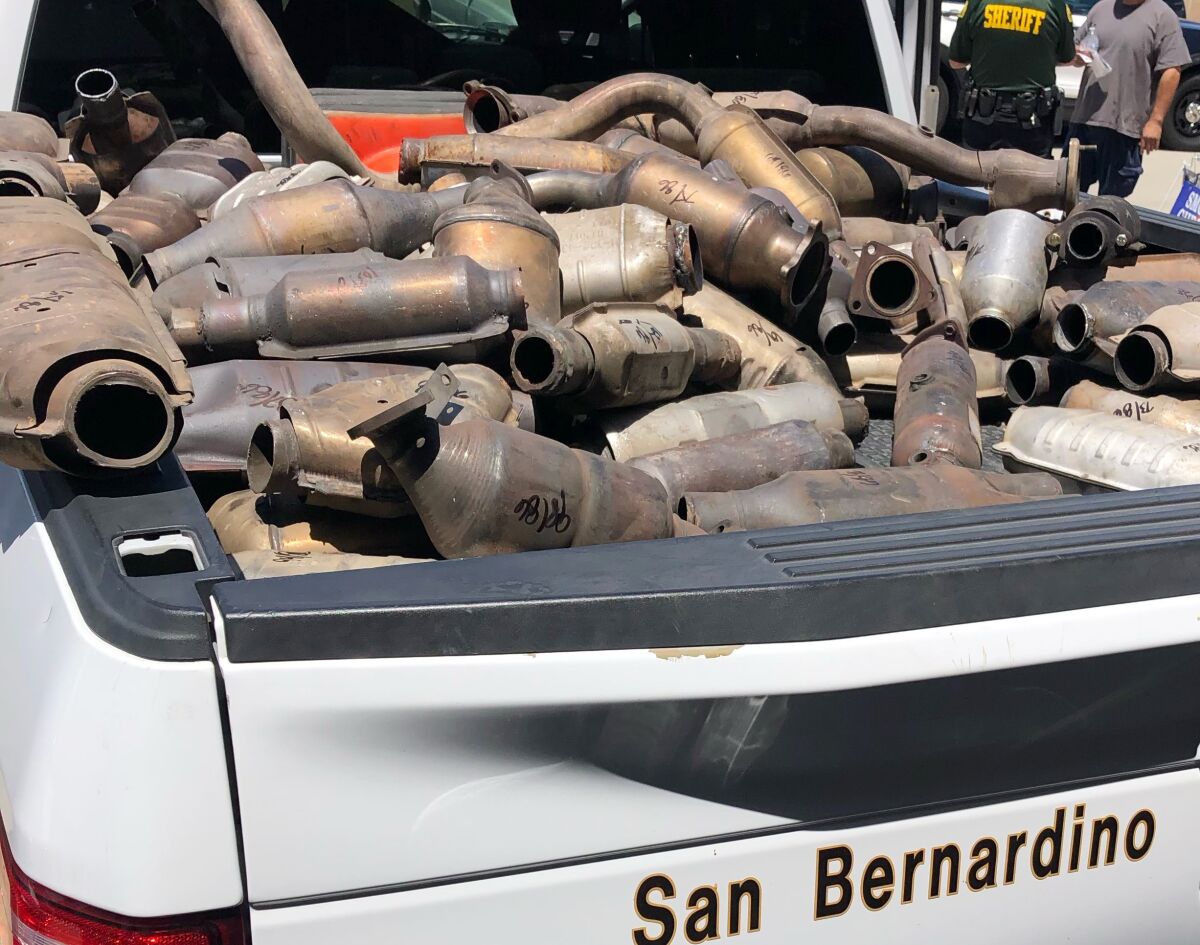 A photo of 112 catalytic converters seized by the San Bernardino County Sheriff's Department.