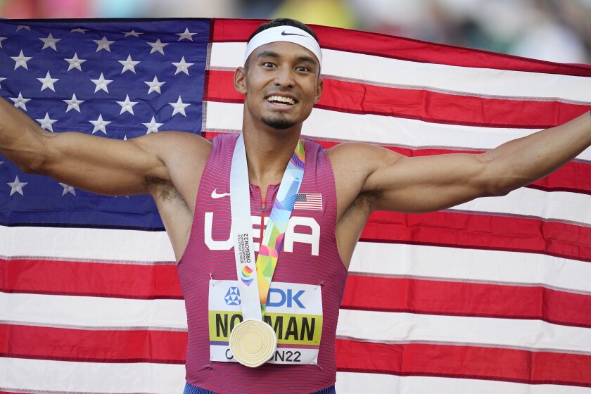Michael Norman celebrates winning the 400m on July 22, 2022 in Eugene, Oregon. 