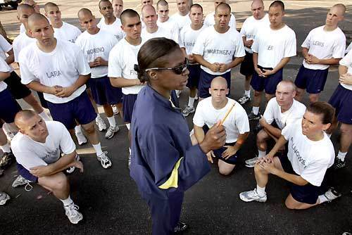 LAPD recruits listen to Felicia Bailey, the Primary Physical Training Instructor for this class of 47 at the LAPD Training Division-Recruit Officer School at the LAPD Ahmanson Police Recruit Training Center in Westchester.
